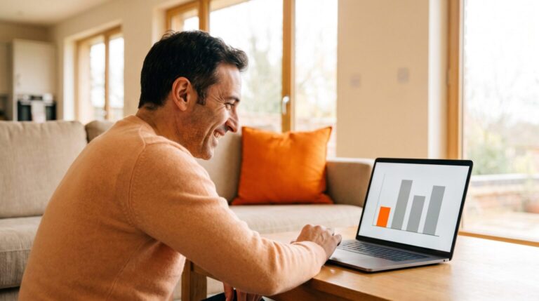 Uomo al laptop con il grafico del confronto tariffe e del risparmio in bolletta